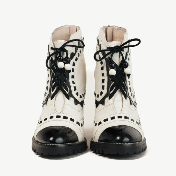 Sophia Webster White & Black Lace-Up Heeled Ankle Boots - Picture 2 of 11